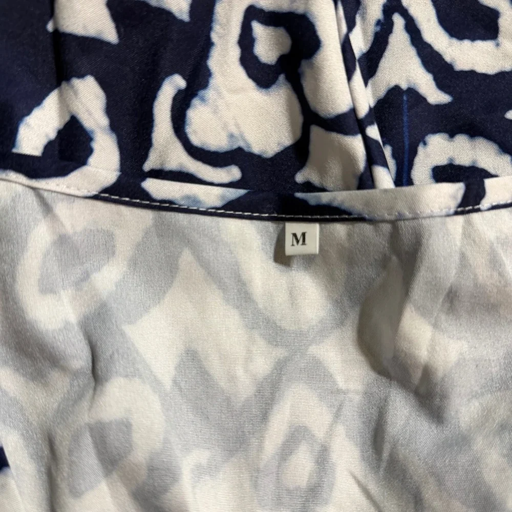 Blue White Ikat Print Midi Dress Smocked Waist V-Neck Bell‎ Sleeve Boho Womens M